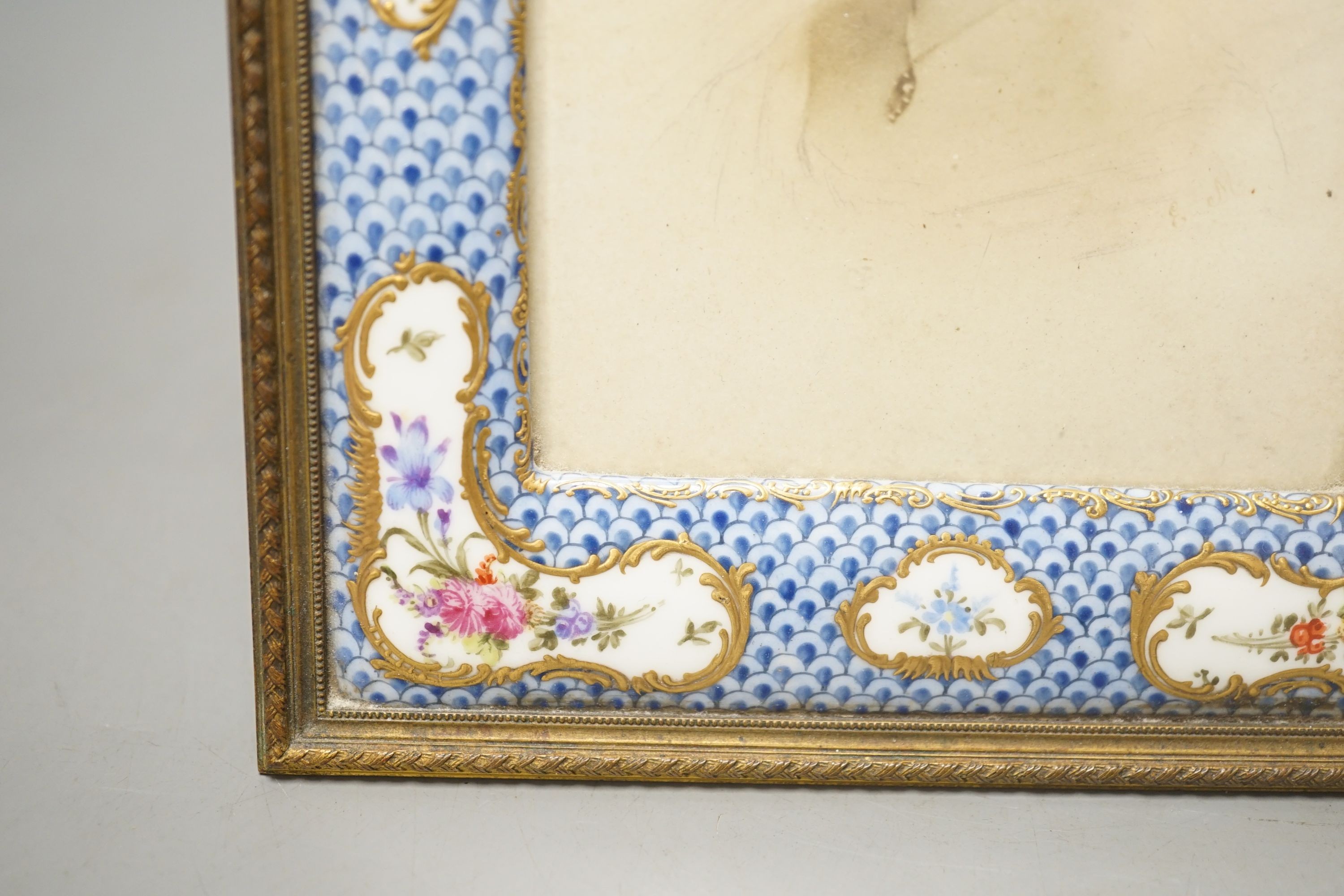 A late 19th century Dresden porcelain and ormolu mounted easel frame, height 23cm